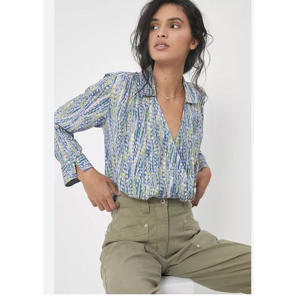 Pilcro Tisha Surplice Long Sleeve Collared Blouse Top Blue Print M - Picture 3 of 11